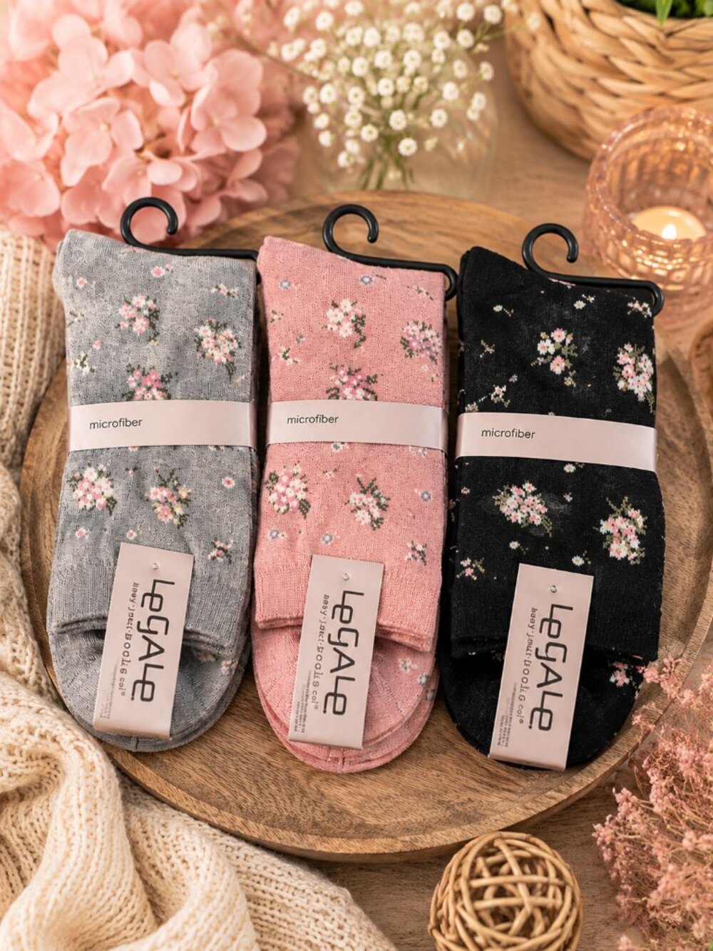 LeGale Floral Microfiber Crew Socks 3 Pair Set Pink Gray Black NWT